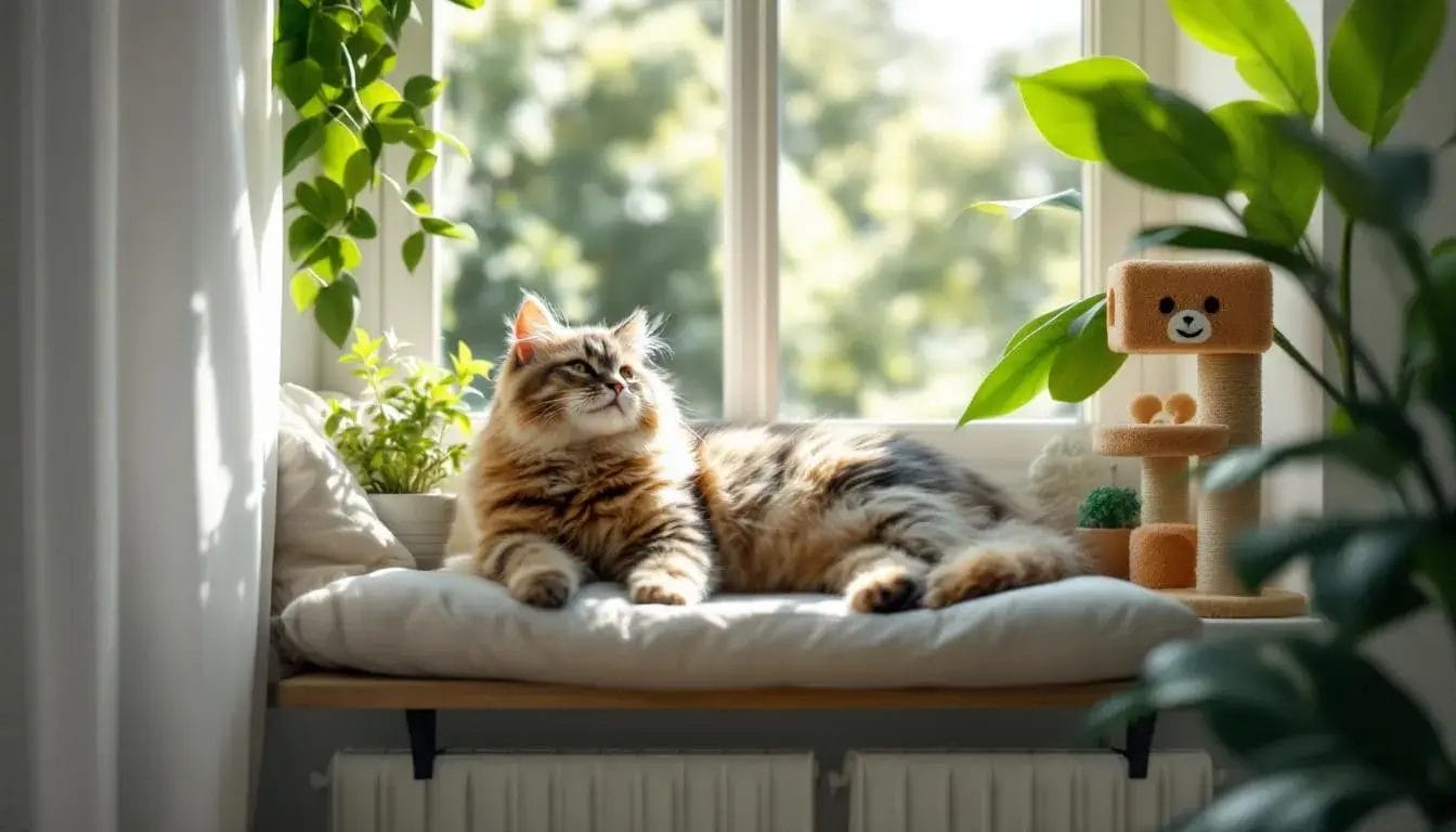Cat lounging by sunny window
